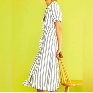 Anthropologie Ruffle Collar Buttondown Linen Blend Striped Midi Dress.